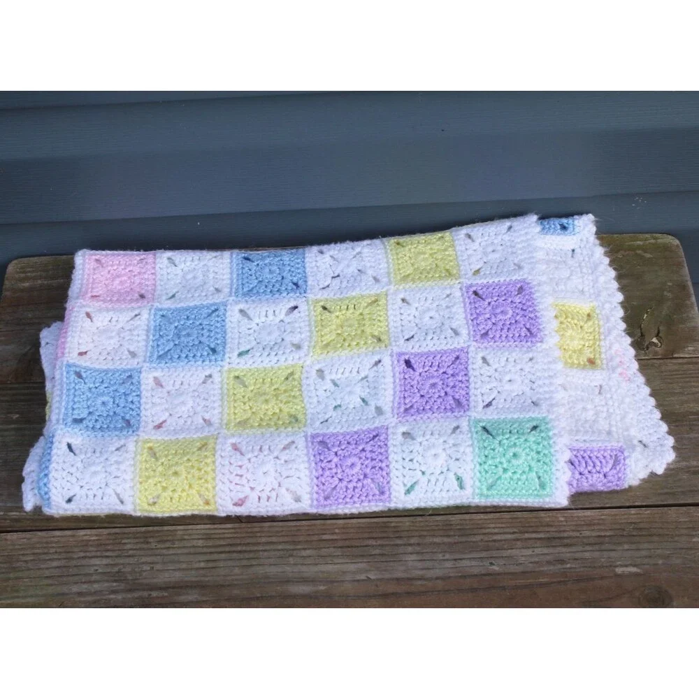 Vintage Granny Square Baby Blanket Throw Pastel 36”x 30”Spring Crochet Afghan